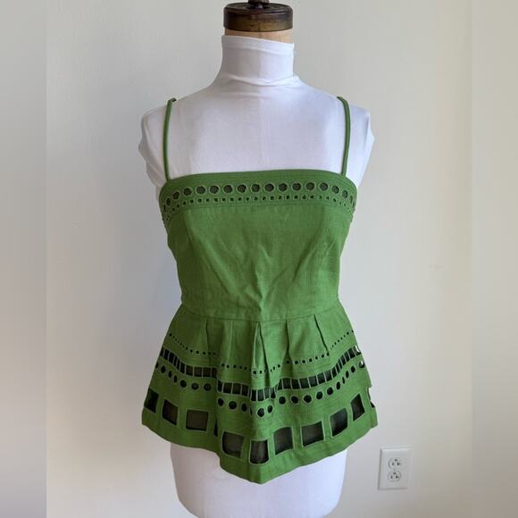 ANTHROPOLOGIE MAEVE SEABORNE CORSET PEPLUM TANK GREEN EYELETTE SIZE 0 - Picture 2 of 8